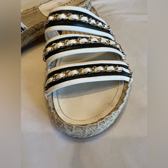 Chanel Gold Chain Espadrille Sandals | Black White Leather | Size 39 - Picture 5 of 10